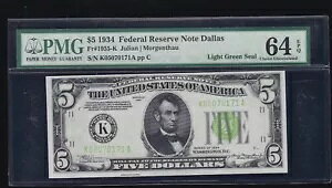 US 1934 $5 FRN �_���X LGS FR 1955-K PMG 64 EPQ Ch CU (171)