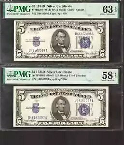 1934 D $5 Vo[ؖ FR.1654W/54WII `FWI[o[m[g yA PMG 63/58 EPQ