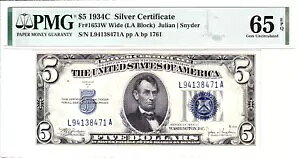1934-C $5 �V���o�[ �ؖ��� ���C�h ���A LA �u���b�N PMG �W�F�� Unc 65EPQ #L94138471A