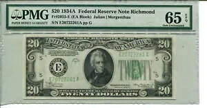 FR 2055-E 1934 A $20 AM PMG 65 WF EPQ