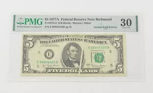 VF30 1977-A $5 FRN b`h - FR#1975-E K^[܂G[ - PMG *6585