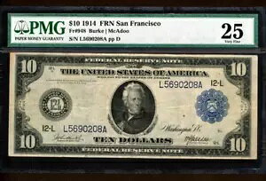 Fr.948 1914 $10 �T���t�����V�X�R ***BURKE-MCADOO*** FRN+ PMG ���ɏ㎿ 25 ���Ɋ�