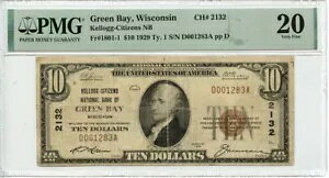 1929 �N1 $10 �O���[�� �x�C WI CH#2132 Fr# 1801-1 PMG VF20