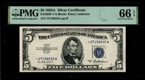 STAR 1953-A $5 Vo[ؖ PMG GEM UNC 66 EPQ