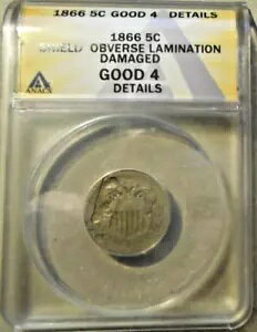 1866 シールド ニッケル 5 セント 5C RAYS ANACS G 4 の詳細に損傷、大きなプランシェットの欠陥