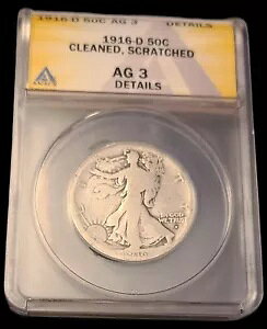 1916-D 50C ANACS AG3 �ڍ� �E�H�[�L���O ���o�e�B �n�[�t�_���[ �N���[�j���O�ς݁A������