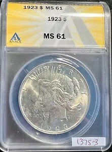 �S�[�W���X�ȋP�� 1923 $1 �V���o�[ �s�[�X �_���[ MS 61 ANACS ESTATE US �R�C�� 1375-3