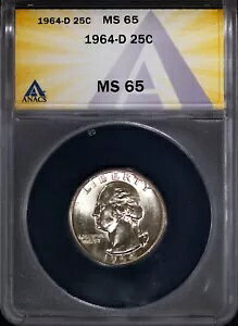 1964-D �V���o�[ 25c ���V���g���{�� MS 65 �V���� ANACS # 7696139 + �{�[�i�X