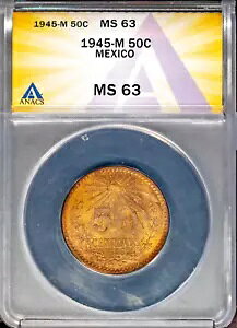1945-M �V���o�[ 50 �Z���^�{�X ���L�V�R MS 63 ANACS # 7670569 + �{�[�i�X�B