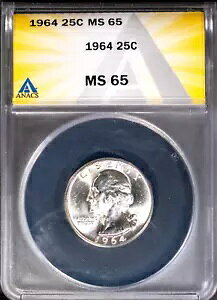 1964 �V���o�[ 25c ���V���g���{�� MS 65 �W�F�� ANACS # 7726033 + �{�[�i�X