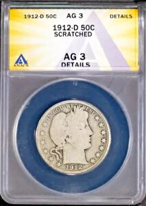 1912-D 50c �V���o�[ �o�[�o�[ �n�[�t�_���[ AG 3 �ڍ� ANACS # 7625635 + �{�[�i�X
