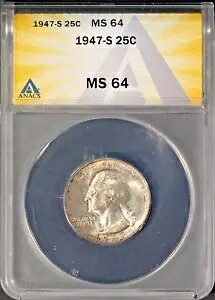 1947-S 25c �V���o�[ ���V���g���{�� MS 64 ANACS # 7603391 + �{�[�i�X