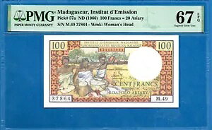 マダガスカル、100 フラン、20 アリアリ、1966 年、素晴らしい宝石 UNC-PMG67EPQ、P57a
