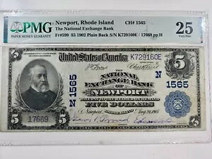 1902�N $5 National Exchange Bank Newport, RI CH#1565 �v���[���o�b�N PMG VF 25 FR599