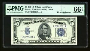 DBR 1934-B $5 �V���o�[ �W�F�� Fr. 1652 �r���\�� LA �u���b�N PMG 66 EPQ �V���A�� L76283061A