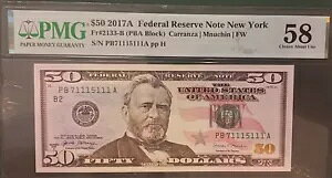 Ext Error Rare $50 2017A U.S.A. F. R. Note S#PB 71-11-51-11 A 位置ずれ PMG 58