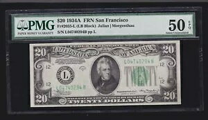 US 1934A $20 FRN �T���t�����V�X�R LB �u���b�N FR 2055-L PMG 50 EPQ AU (294)