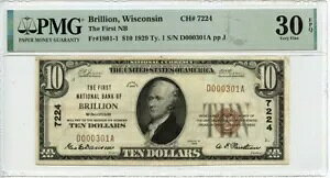 1929 �N1 $10 Brillion WI First National CH#7224 Fr# 1801-1 PMG VF30 EPQ