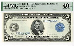 神父様855a $5 1914 連邦準備銀行券 PMG 極細 40 EPQ。フィラデルフィア。