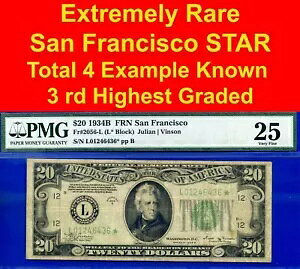 1934B $20 FRN �T���t�����V�X�R �X�^�[ PMG 25 �N���C�W�[ ���A ���v 5 ���m�̃X�^�[ Fr 2056-L*