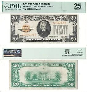 1928�N $20 �S�[���h�ؖ��� PMG VF-25 FR-2402