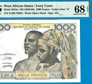 W.A.S/A IVORY COAST-1000 F-(1959-65)-SN 78226-P.103An *PMG 68 SUPERB GEM*TOP POP