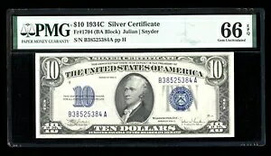 DBR 1934-C $10 Vo[ WF Fr. 1704 PMG 66 EPQ VA B38525384A