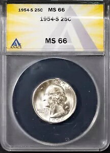 1954-S 25c �V���o�[ ���V���g���{�� MS 66 OMS ANACS # 7625935 + �{�[�i�X