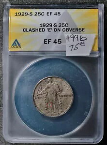 1929 �N��̃X�^���f�B���O ���o�e�B 25c�B ANACS �z���_�[�� h996 �̉��ɂ���uE�v�̐������Փ˂��܂���