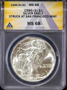 ���N�x 1986 $1 �V���o�[ �A�����J�� �C�[�O�� MS 68 ANACS # 7649195 + �{�[�i�X