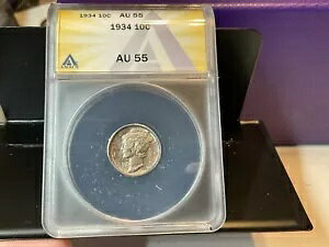 1934-P Mercury Dime ANACS AU 55�B�L�ڂ���Ă��Ȃ����t�Ń}�V���� 2 �{�ɂȂ���