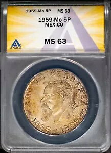1959-Mo �V���o�[ 5 �y�\ ���L�V�R MS 63 ANACS # 7670575 + �{�[�i�X