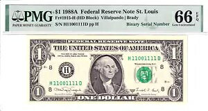 1988-A $1 FRN PMG 66EPQ �t�@���V�[ �j�A�\���b�h 6�� 0/1 �o�C�i�� �V���A���ԍ� H11001111D