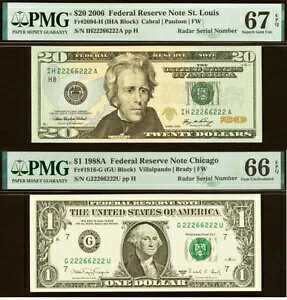 2006 $20 1988A $1 FRN PMG 66EPQ �V���A���ԍ�22266222�̈�v���郌�[�_�[2��Z�b�g