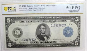 Fr853 1914 $5 �t�B���f���t�B�A FRN �o�[�N �K���X PCGS 50 PPQ �� ������ �ǍD!