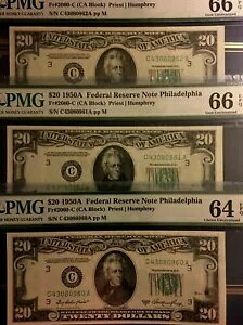 (3) 1950A $20 FED RES PHIL、Fr#2060-C コンセックノート (1) PMG64、(2) PMG65 3599