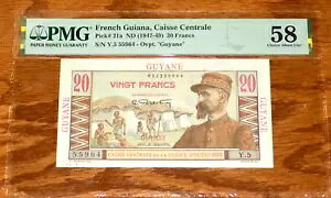 PMG フランス領ギアナ 20 フラン 1947-49 P-21a Guyane Caisse Centrale Note 58
