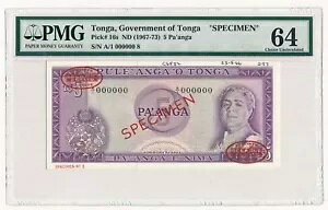 Tonga 5 Pa'anga SPECIMEN Note ND 1967-73 P. 16 PMG 64 Choice UNC RARE