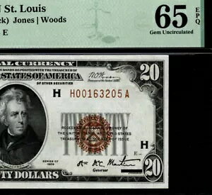 1929年 20ドル FRBN セントルイス Fr#1870-H PMG 65ジェム 未流通 EPQ H00163205A