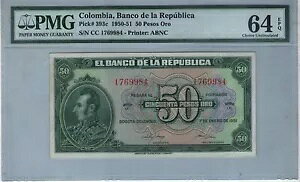 RrA BANCO DE LA REPUBLICA $50 ORO 1950-51 PK# 393 c PMG CHOICE UNC 64