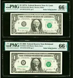 1977年と2003年のレーダーシリアル番号が一致する1ドル紙幣2枚(連邦準備銀行券)