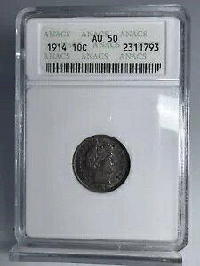 1916 �N�� Barber dime AU-50 Anacs �\�[�v�{�b�N�X (�g�[���t��) !!