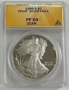 1986-S �A�����J�� �V���o�[ �C�[�O�� $1 �v���[�t ANACS PF69 DCAM .999 1�I���X ���N�x