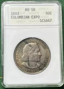 1893年 50セント コロンビア記念 ANACS オールドブルー AU 58 90% シルバートナー US コイン