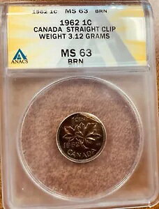 �J�i�_ 1962 1c �X�g���[�g �N���b�v �G���[ ANACS MS63 BRN�B