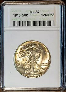 1940 50c �E�H�[�L���O ���u �n�[�t�_���[ MS 64 ANACS 1240066 �I���W�� �z���C�g �z���_�[ + �{�[�i�X