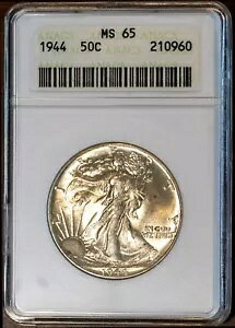 1944 50c �E�H�[�L���O ���o�e�B �n�[�t MS 65 ANACS 210960 �I���W�i�� �z���C�g �z���_�[ + �{�[�i�X