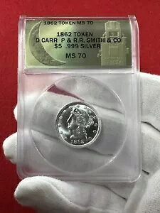 1862 $5 Dan Carr P & R.R. Smith & Co. 999 �V���o�[ ANACS MS 70 COA �t��