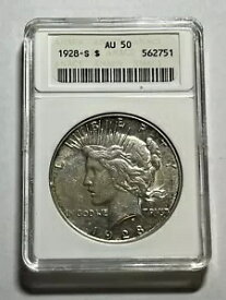 1928 S Peace Silver Dollar $1 ANACS AU50 ソープボックス ホルダー