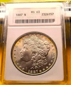 1887-P ANACS MS63 モーガン シルバー ドル $1 古いソープボックス ホルダー ~ トーン ~